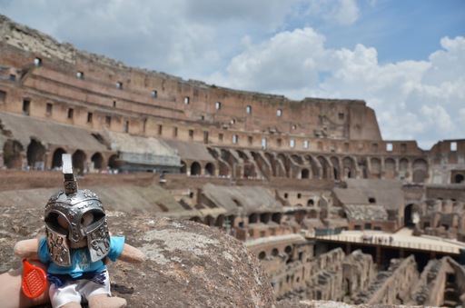 inside the ruin of the colosseum with bear wearing gladiator